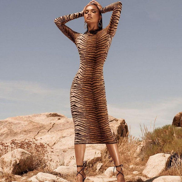 Trendy Animal Print High Neck Long Sleeve Midi Dress - Tiger