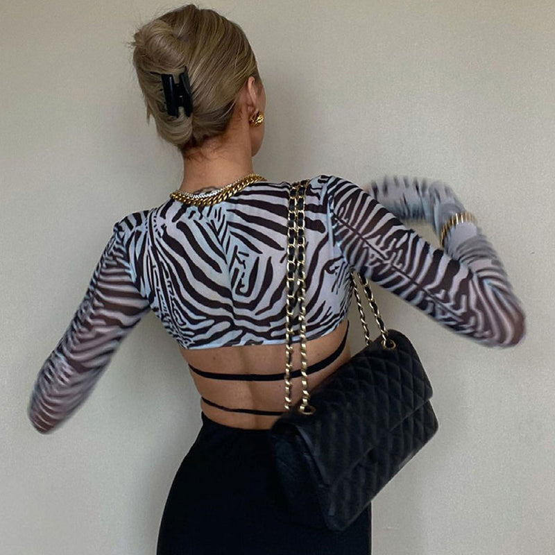 Trendy Animal Print Long Sleeve Bralette Mesh Crop Top - Zebra