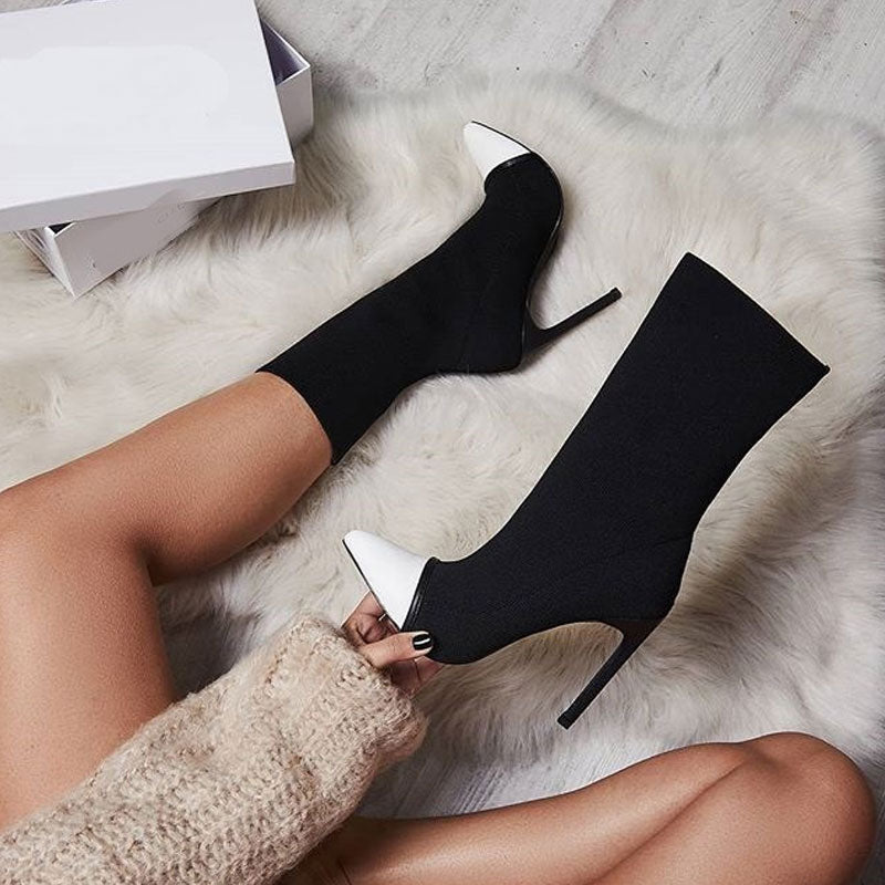 Black and white high heel boots store