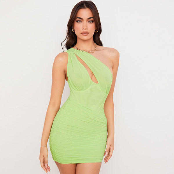 Trendy One Shoulder Cut Out Ruched Mesh Party Mini Dress - Green