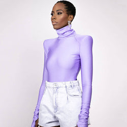 Trendy Turtleneck Long Sleeve Shoulder Pad Seamless Bodysuit - Purple