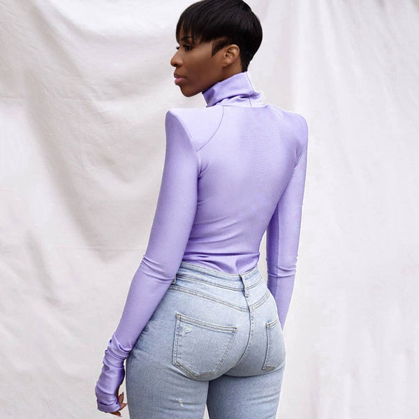 Trendy Turtleneck Long Sleeve Shoulder Pad Seamless Bodysuit - Purple