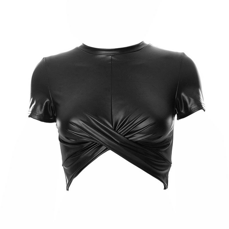 Black Faux Leather Long Sleeve Zip Front Shirt