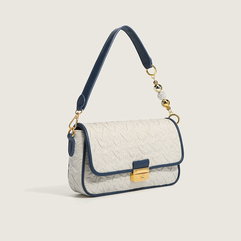 Unique Bead Trimmed Flap Front Buckled Ruched Shoulder Bag - White