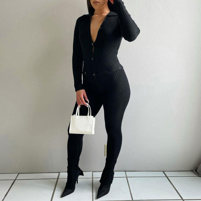 Unique Collared Button Up Long Sleeve Side Slit Ribbed Jumpsuit - Black