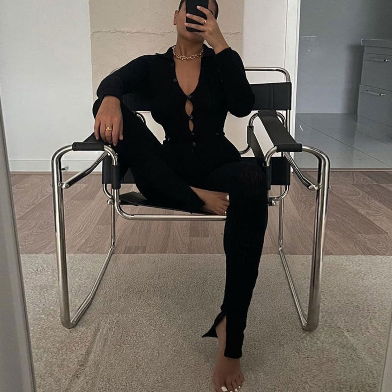 Unique Collared Button Up Long Sleeve Side Slit Ribbed Jumpsuit - Black