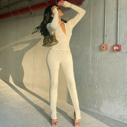Unique Collared Button Up Long Sleeve Side Slit Ribbed Jumpsuit - Cream