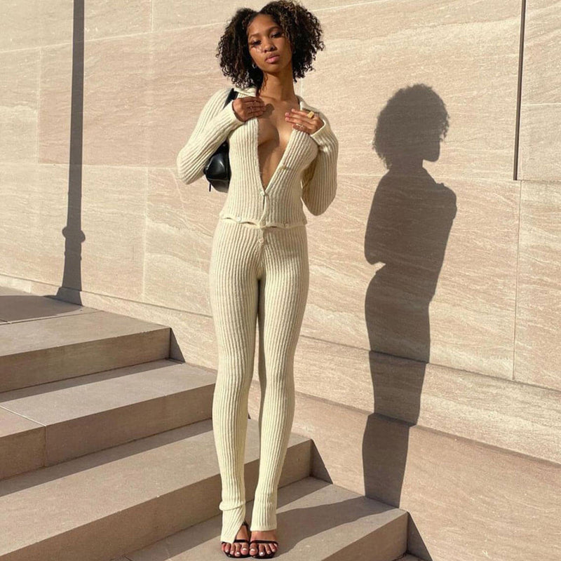 Unique Collared Button Up Long Sleeve Side Slit Ribbed Jumpsuit - Cream