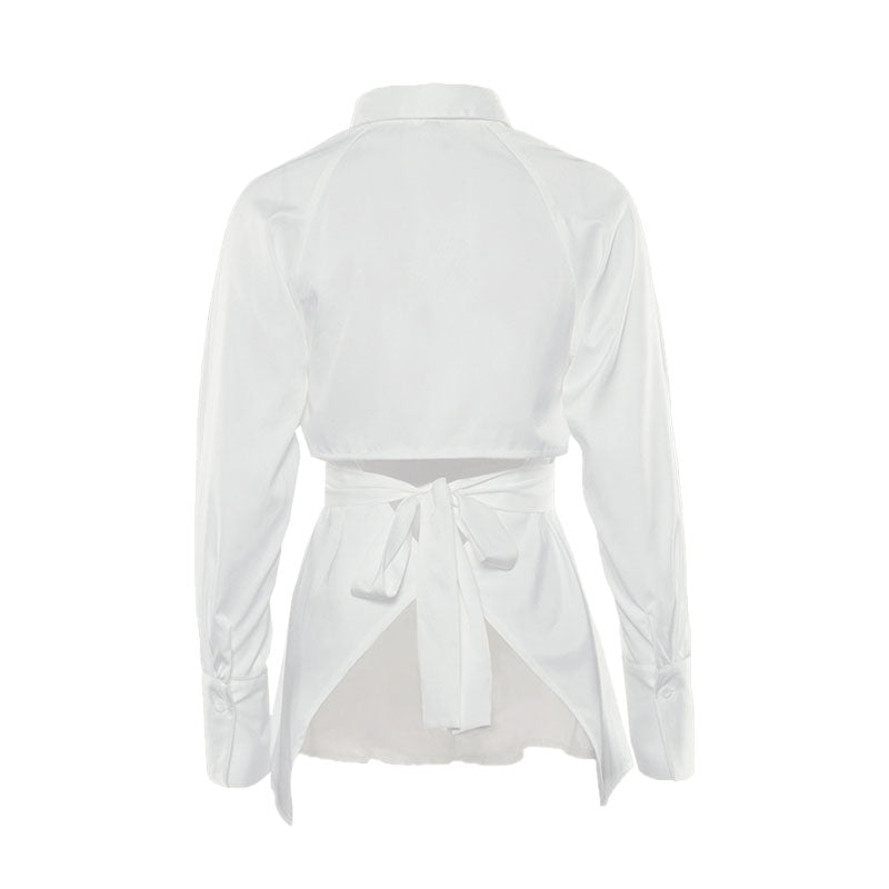 Unique Cut Out Back Tie Long Sleeve Button Up Blouse - White