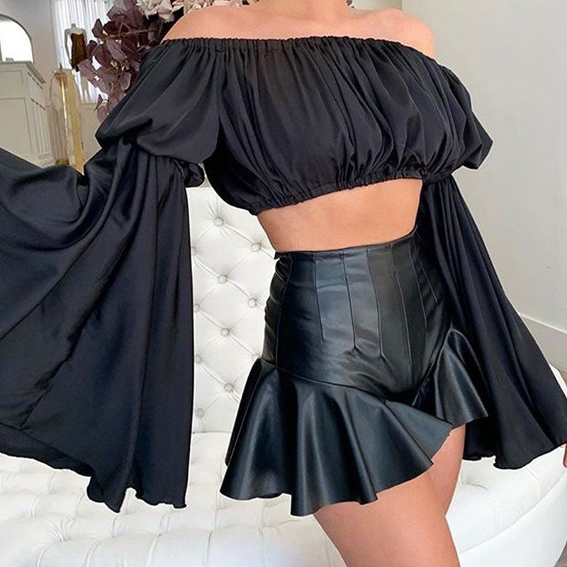 Unique High Waist Zip Back Ruffle Leg Leather Shorts - Black