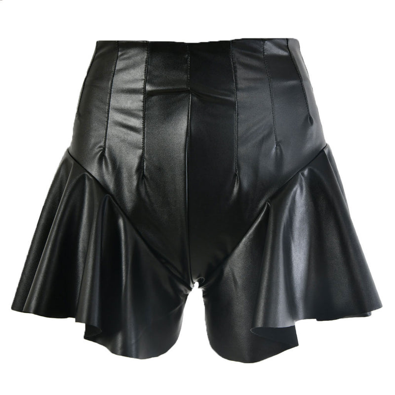 Unique High Waist Zip Back Ruffle Leg Leather Shorts - Black