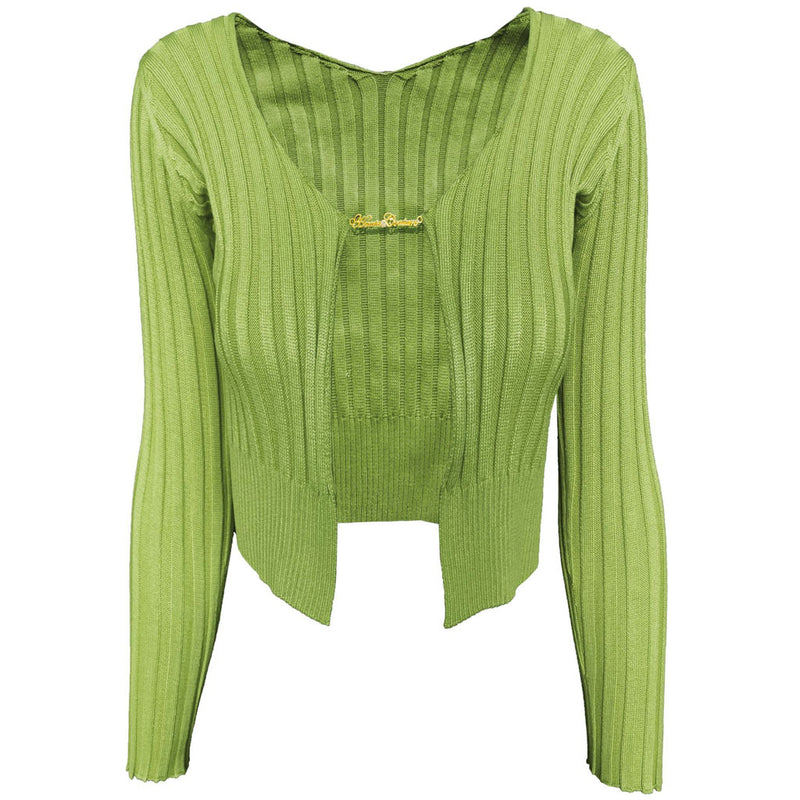 Unique Letter Chain Open Front Long Sleeve Ribbed Crop Cardigan - Green