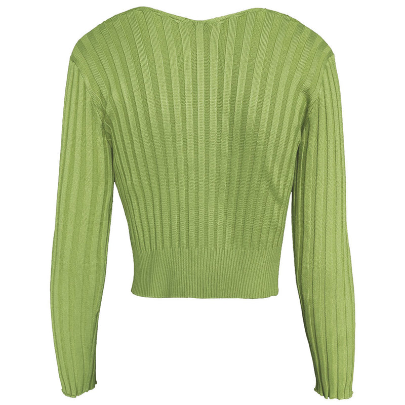 Unique Letter Chain Open Front Long Sleeve Ribbed Crop Cardigan - Green