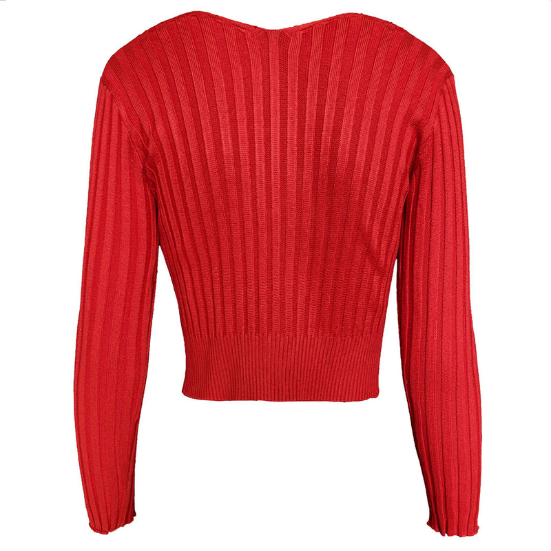 Unique Letter Chain Open Front Long Sleeve Ribbed Crop Cardigan - Red
