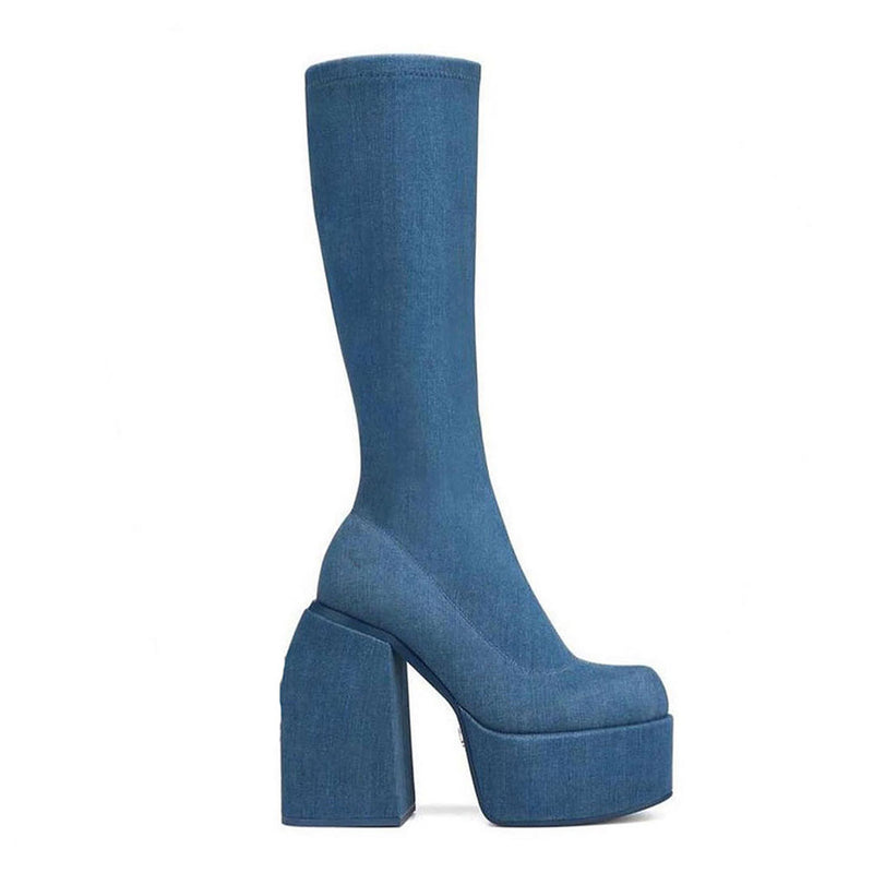 Unique Round Toe Geometric Heel Platform Knee High Boots - Denim Blue