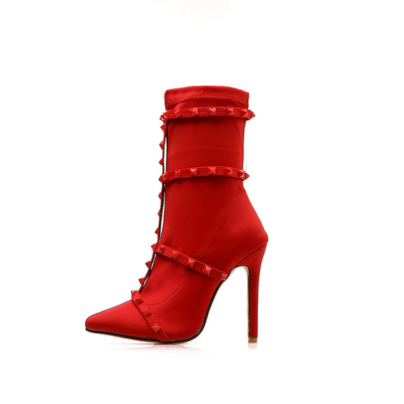 Unique Studs Strap Pointed Toe Stiletto Heel Mid Calf Boots - Red