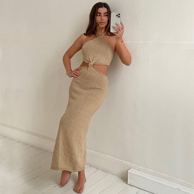 Vacation Ready Halter Neck Cut Out Side Sweater Maxi Dress - Khaki