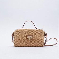 Vacation Ready Woven Faux Leather Trim Top Handle Crossbody Bag - Brown