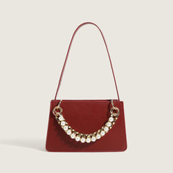 Versatile Peal Trim Chunky Chain Zip Top Leather Shoulder Bag - Red