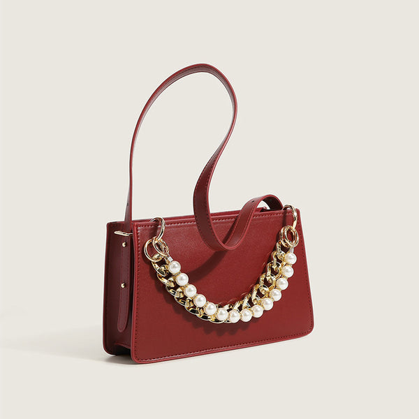 Versatile Peal Trim Chunky Chain Zip Top Leather Shoulder Bag - Red