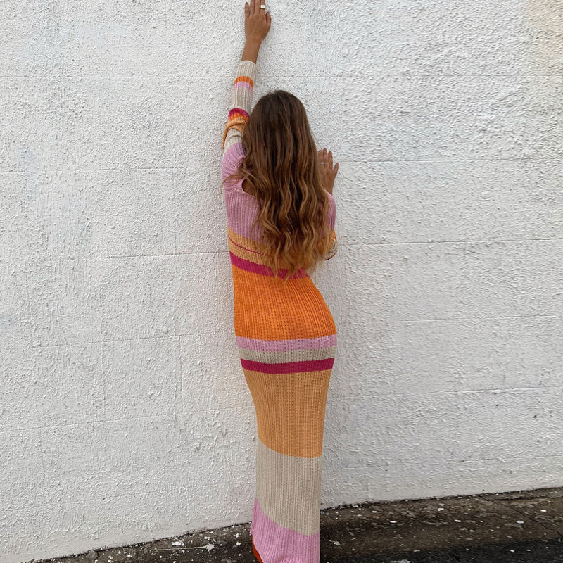 Versatile Striped Long Sleeve Crochet Knit Maxi Dress - Multicolor