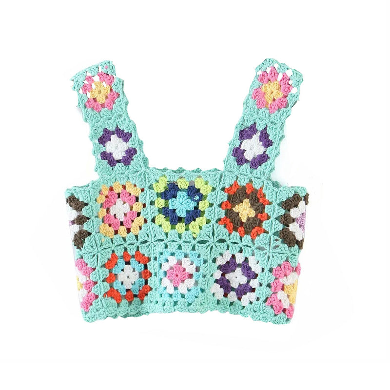 Vibrant Floral Pullover Granny Square Crochet Knit Tank Top - Mint