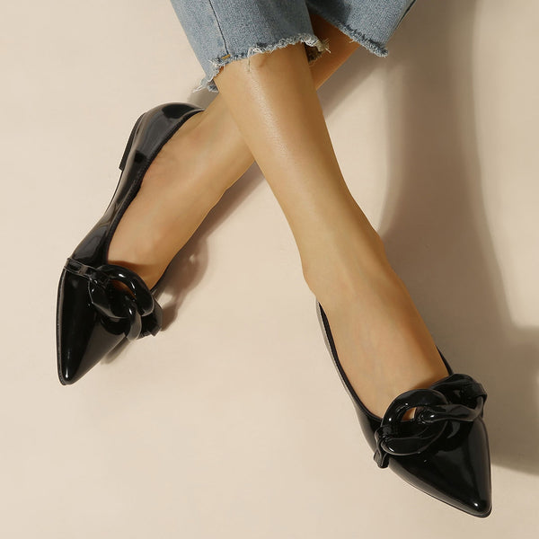 Vibrant Patent Leather Chain Trim Pointed Toe Ballet Flats - Black
