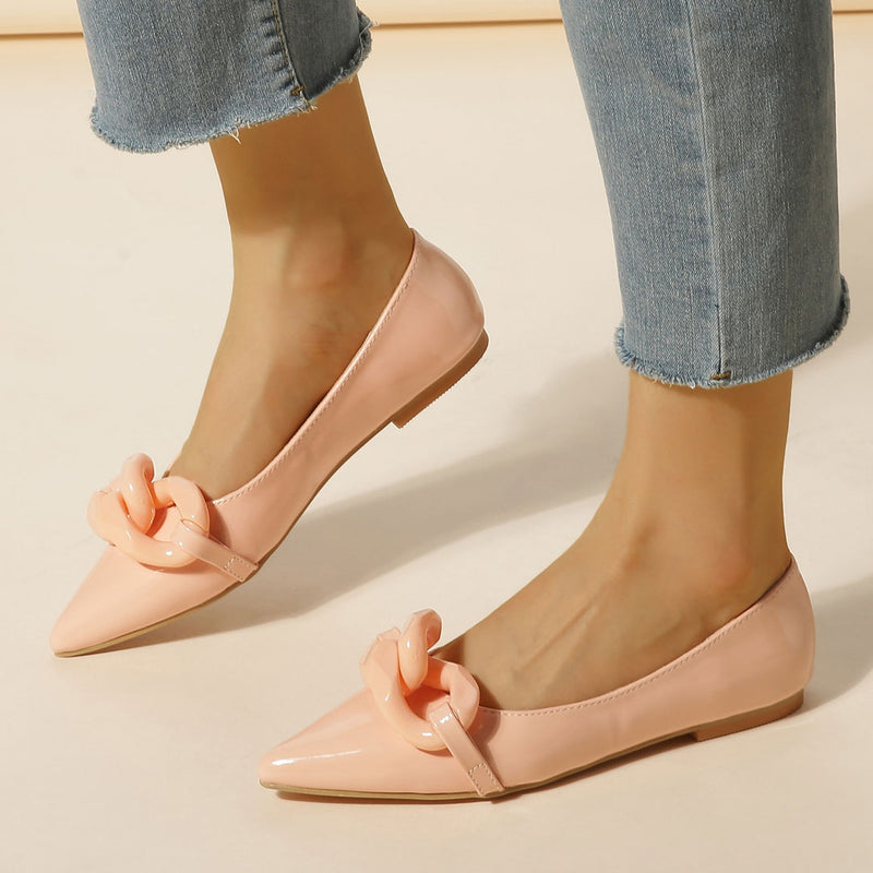 Vibrant Patent Leather Chain Trim Pointed Toe Ballet Flats - Creamy Pink