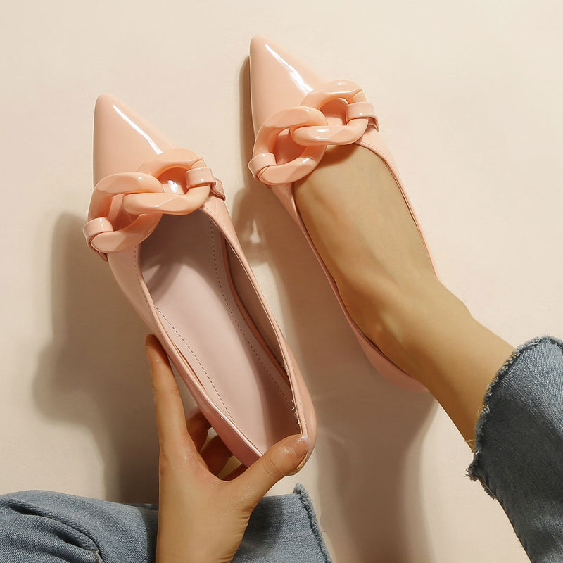 Vibrant Patent Leather Chain Trim Pointed Toe Ballet Flats - Creamy Pink