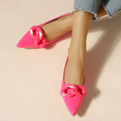 Vibrant Patent Leather Chain Trim Pointed Toe Ballet Flats - Hot Pink
