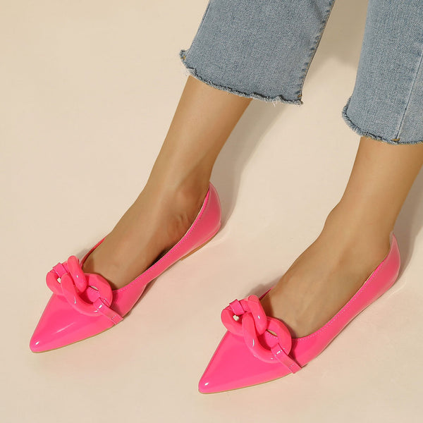 Vibrant Patent Leather Chain Trim Pointed Toe Ballet Flats - Hot Pink