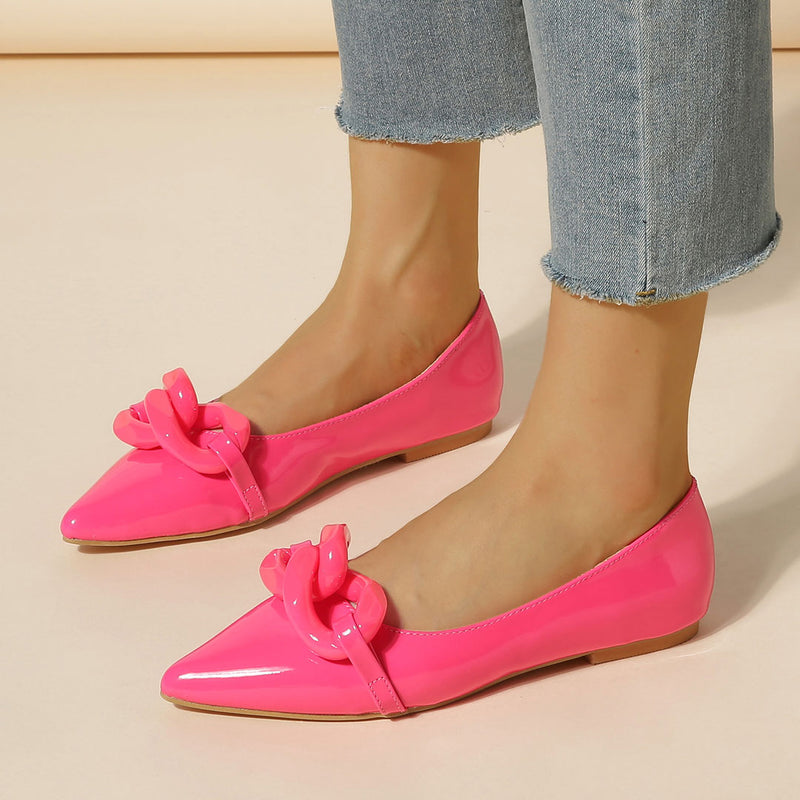 Vibrant Patent Leather Chain Trim Pointed Toe Ballet Flats - Hot Pink