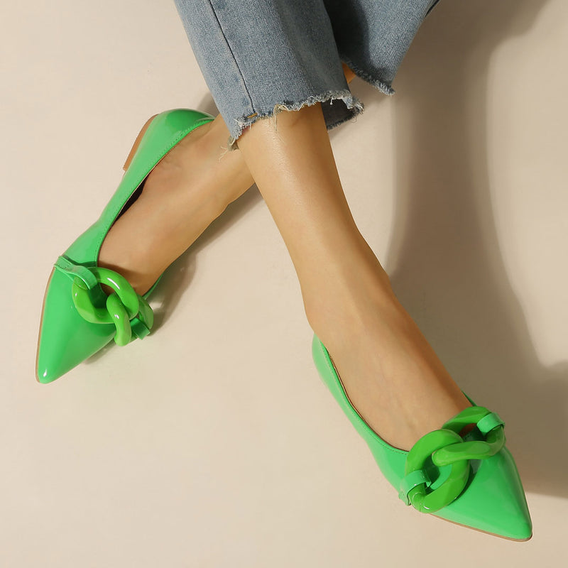 Vibrant Patent Leather Chain Trim Pointed Toe Ballet Flats - Green