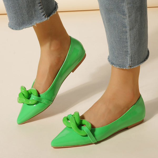 Vibrant Patent Leather Chain Trim Pointed Toe Ballet Flats - Green