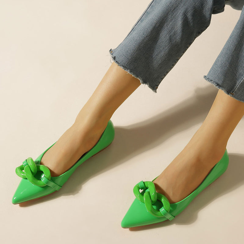 Vibrant Patent Leather Chain Trim Pointed Toe Ballet Flats - Green
