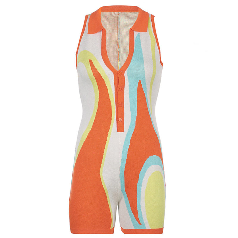 Vibrant Color Block Button Down Collared V Neck Knit Romper - Multicolor