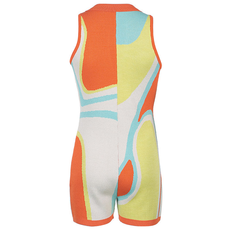 Vibrant Color Block Button Down Collared V Neck Knit Romper - Multicolor