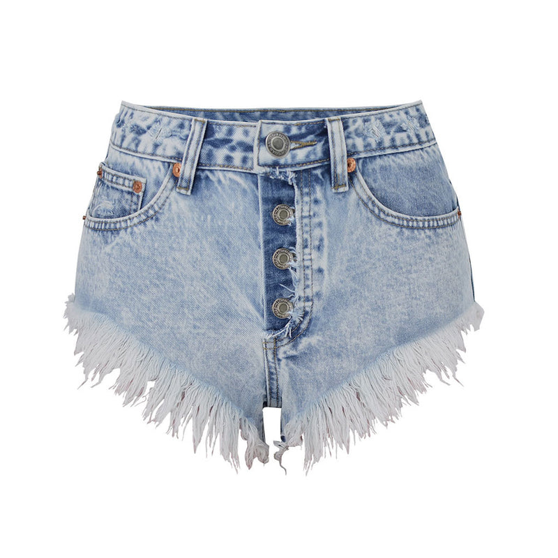 Vintage Button Up Mid Rise Frayed Denim Shorts - Light Blue