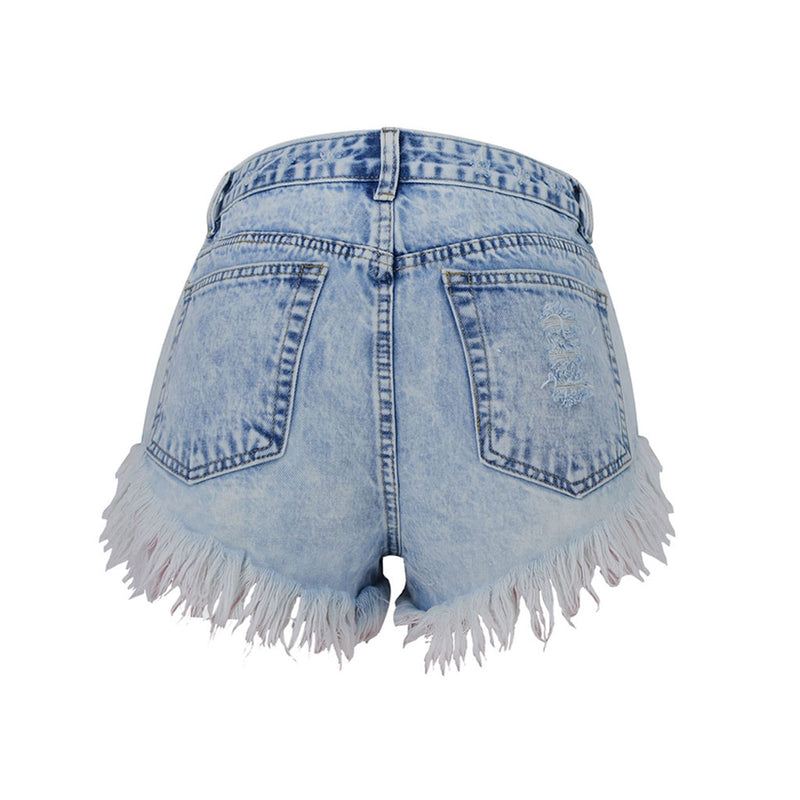 Vintage Button Up Mid Rise Frayed Denim Shorts - Light Blue