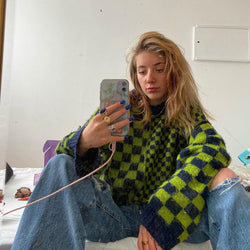 Vintage Checkered Pattern Long Sleeve Knitted Crop Sweater - Green