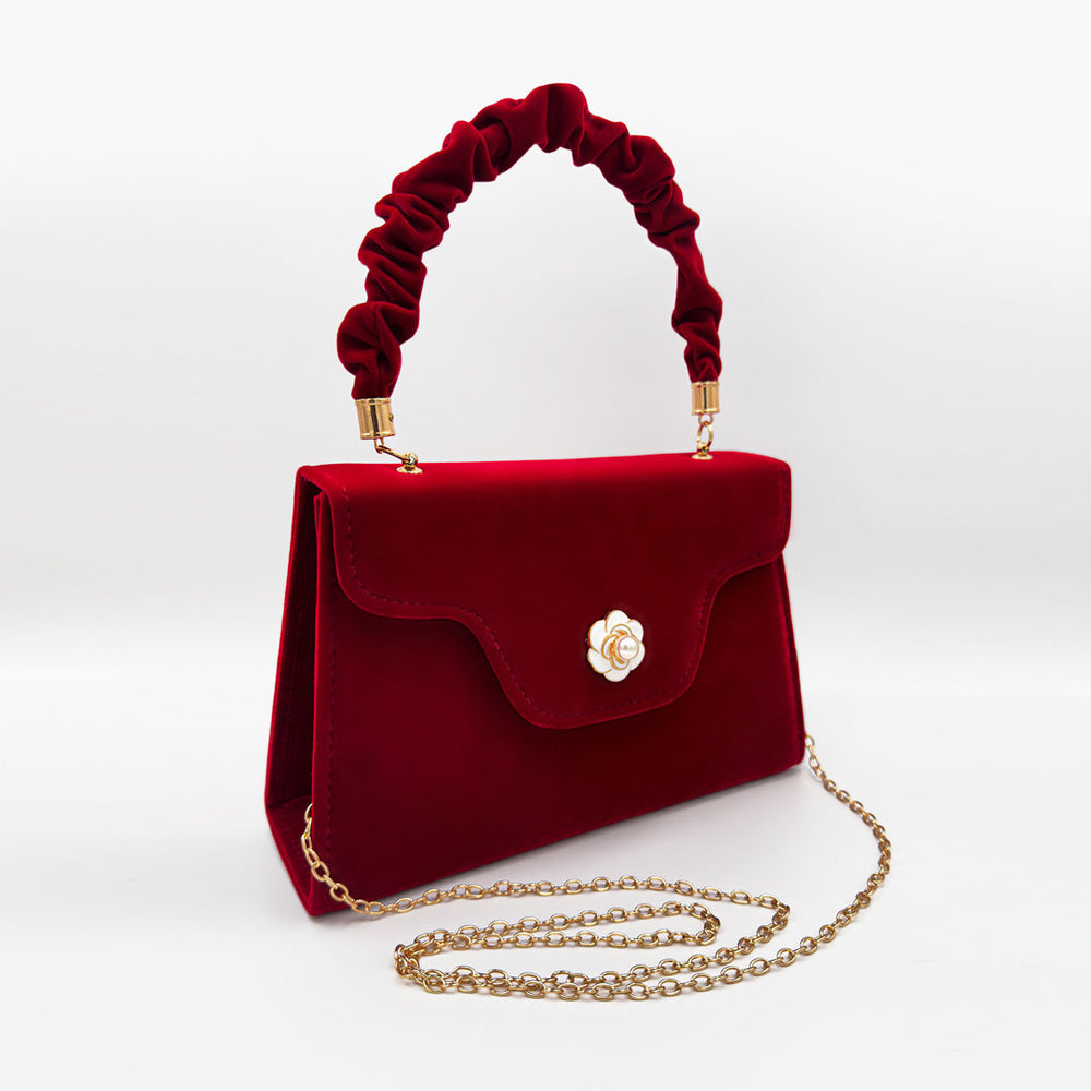 Vintage Faux Suede Foldover Flower Trim Ruched Handle Clutch Bag Red