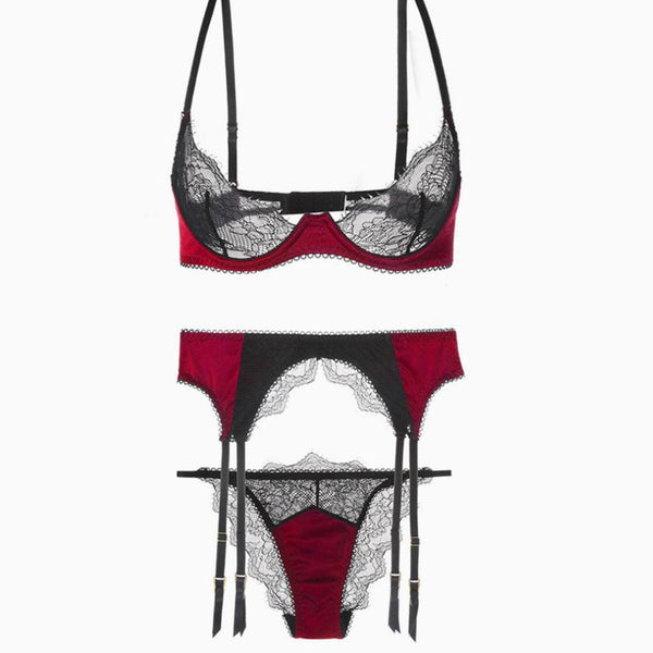 Vintage Cut Out Floral Lace Underwired Garter Bralette Set - Red
