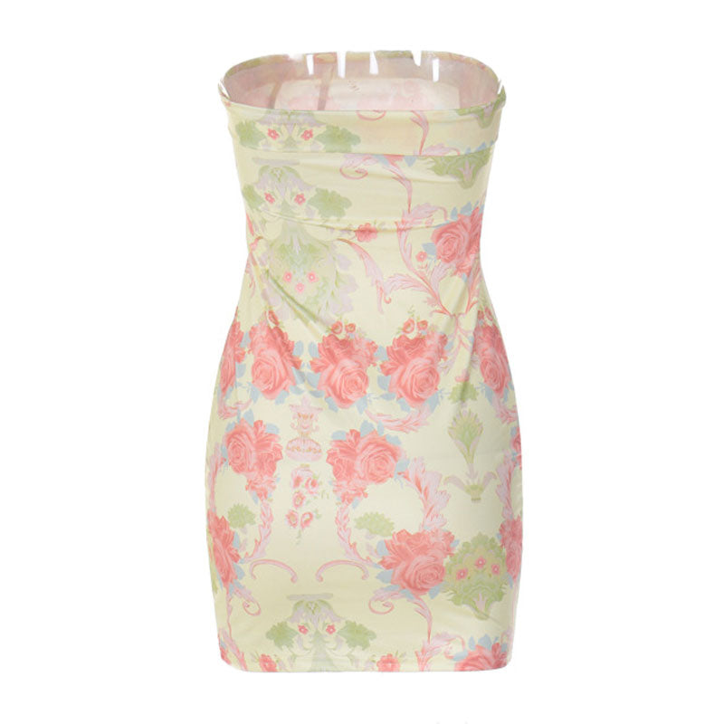 Vintage Flower Print Foldover Detail Bodycon Strapless Mini Dress - Beige