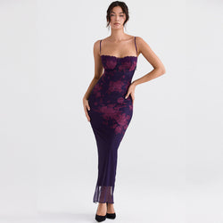 Vintage Flower Print Mesh Panel Lace Up Back Slip Maxi Dress Black Trendy Unique