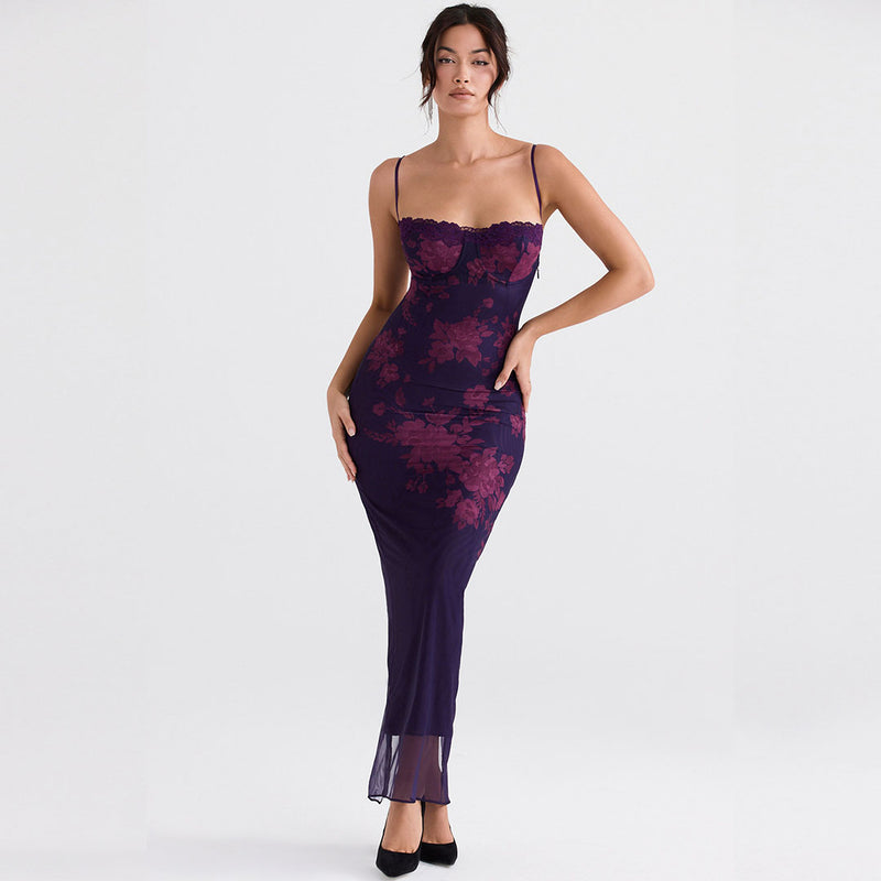 V neck flower print hot sale mesh panel black dress