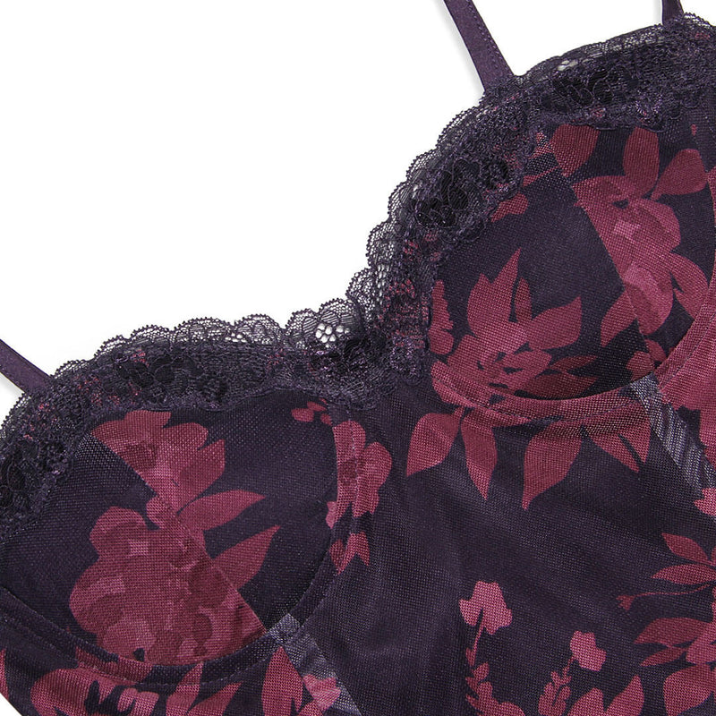 V neck flower print mesh panel black dress clearance