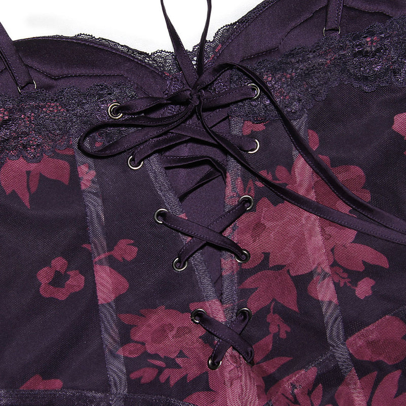 Vintage Flower Print Mesh Panel Lace Up Back Slip Maxi Dress Black Trendy Unique