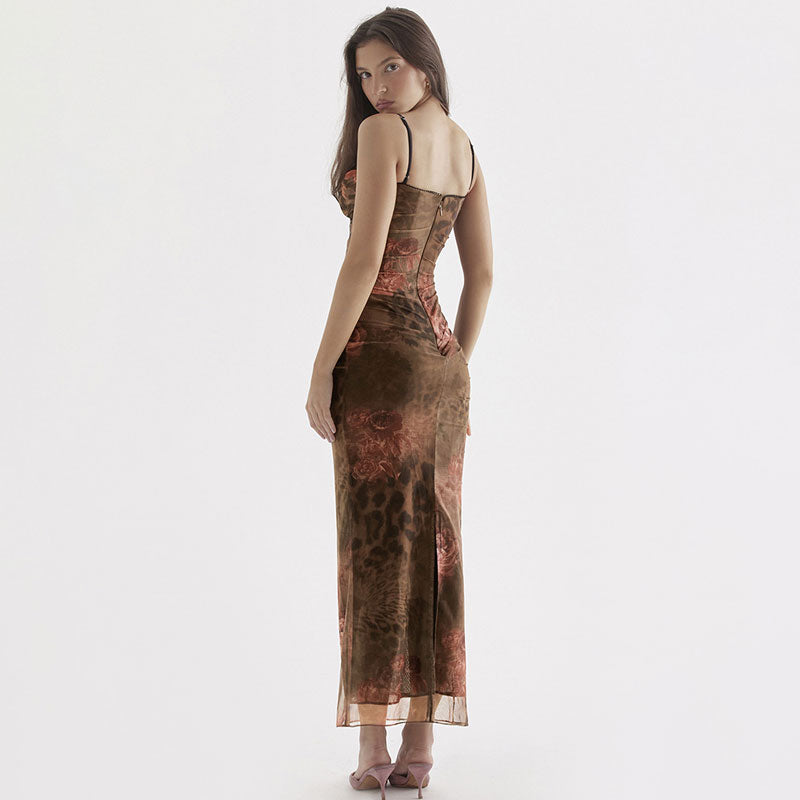 Vintage Flower Print Ruched Mesh Corset Slip Bodycon Maxi Dress - Brown