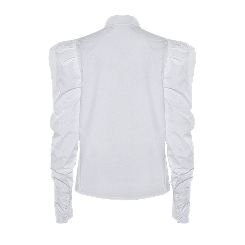 Vintage Frilled Puff Sleeve Pointed Collar Button Up Blouse - White