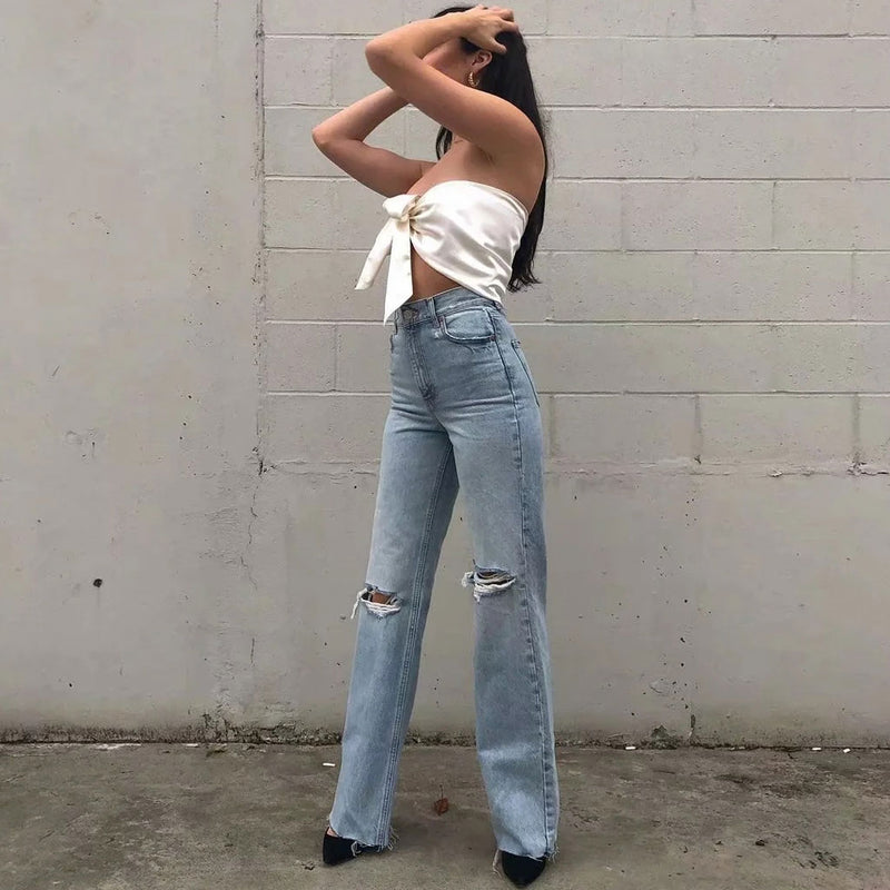 Vintage High Waist Cut Out Frayed Straight Leg Jeans - Light Blue